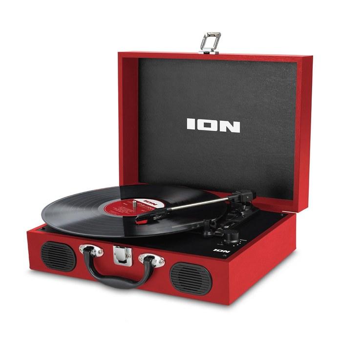ION Audio Portable Record Player Suitcase Style with Built-in Speaker, Battery Powered, Vinyl Transport, Red