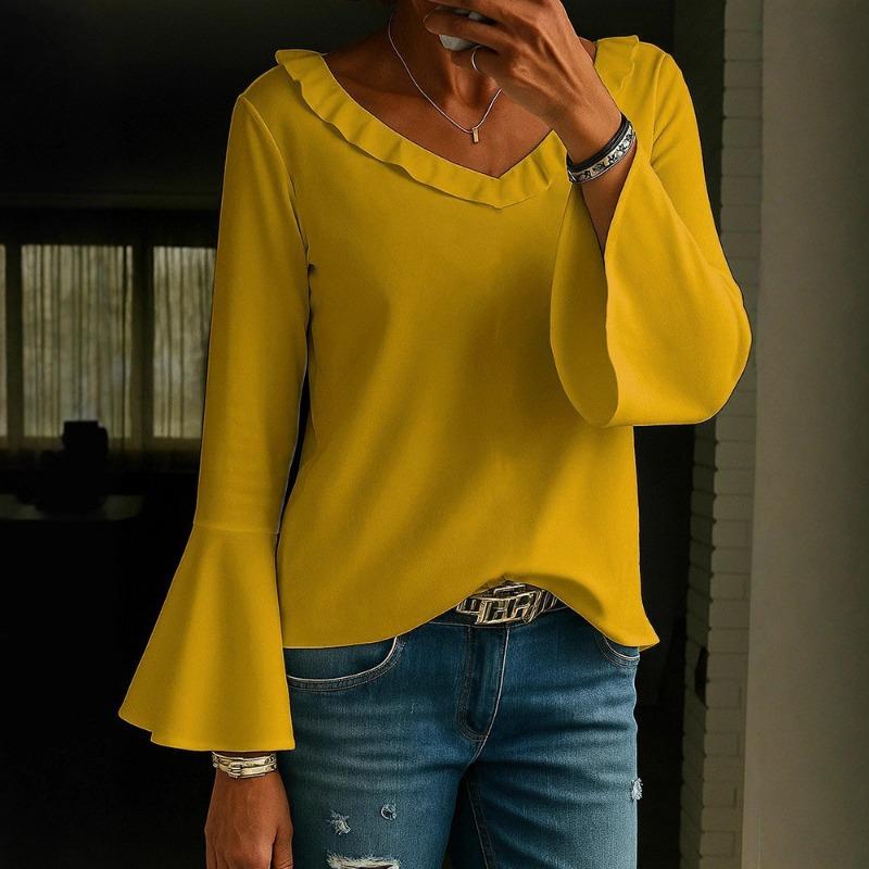 Women S Chiffon Blouse Casual V Neck Flare Sleeve Sun Protection Top