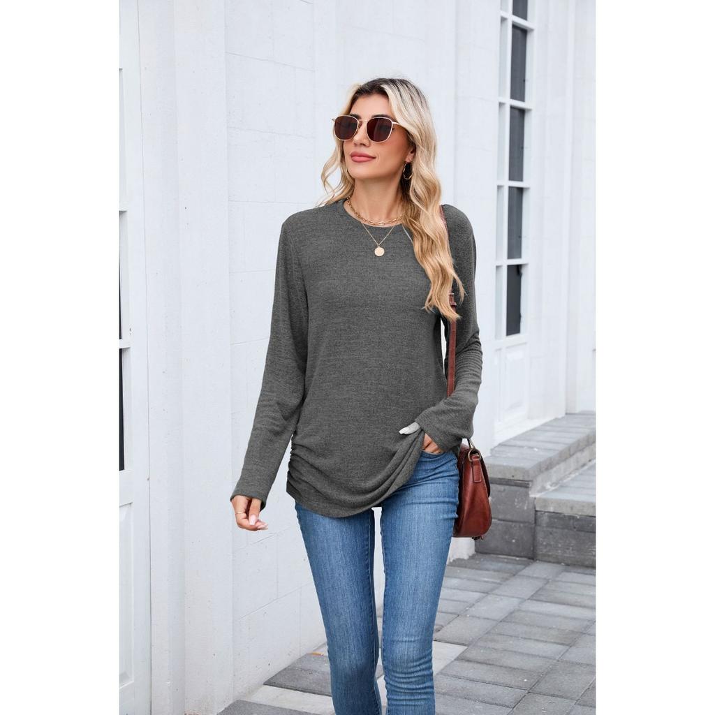 Fall Winter New Women's Solid Color Crew Neck Loose Long Sleeve T-shirt Top For Cross-border Export