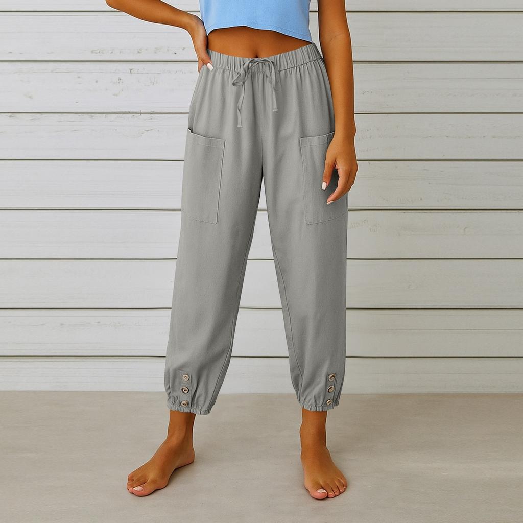 Women's Fashion Solid Color Hemp Cotton Pocket Leg Tight Waist Casual Pants