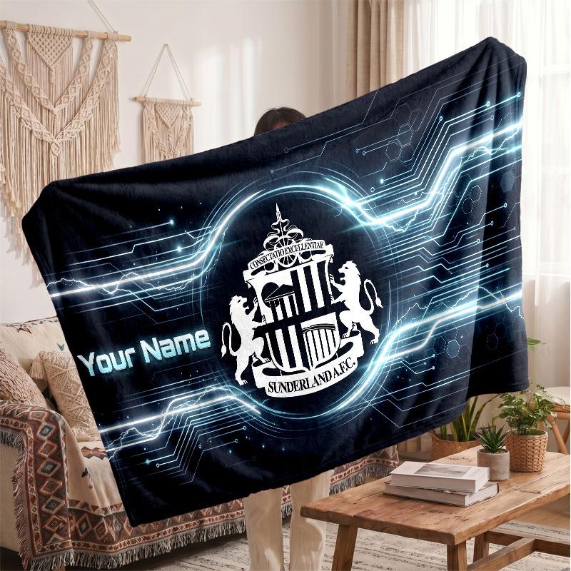 Sunderland FC Personalized Fleece Blanket With Football Logo, Custom Name Text Soft Warm Home Throw Blanket