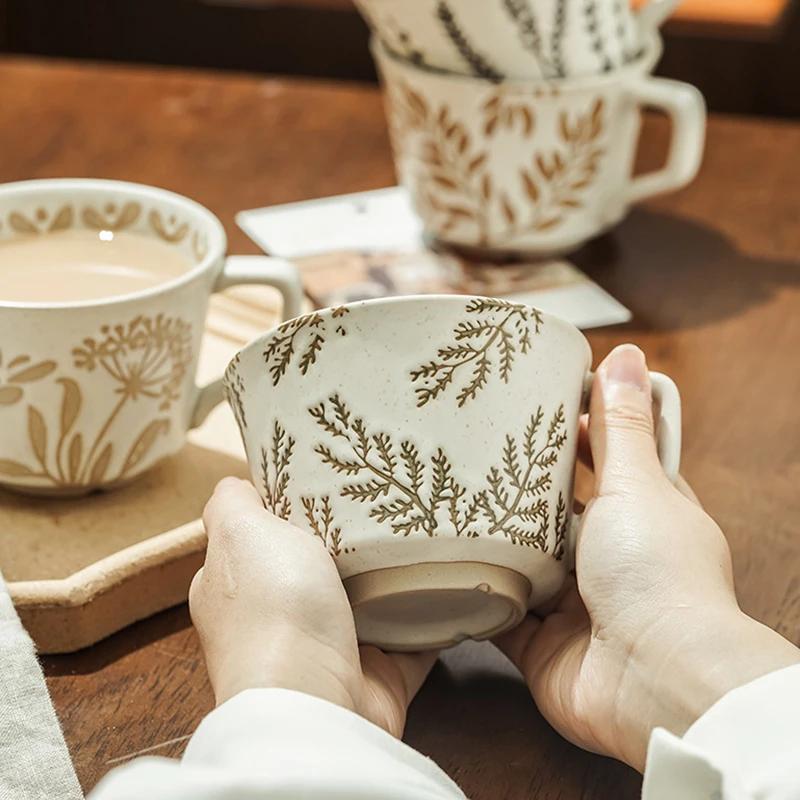 350ml Ceramic Coffee Mug Plant Leaf Pattern Porcelain Mug Latte Coffee Cups Milk Tea Mug Pottery Tea Cups Couples Gift Drinkware