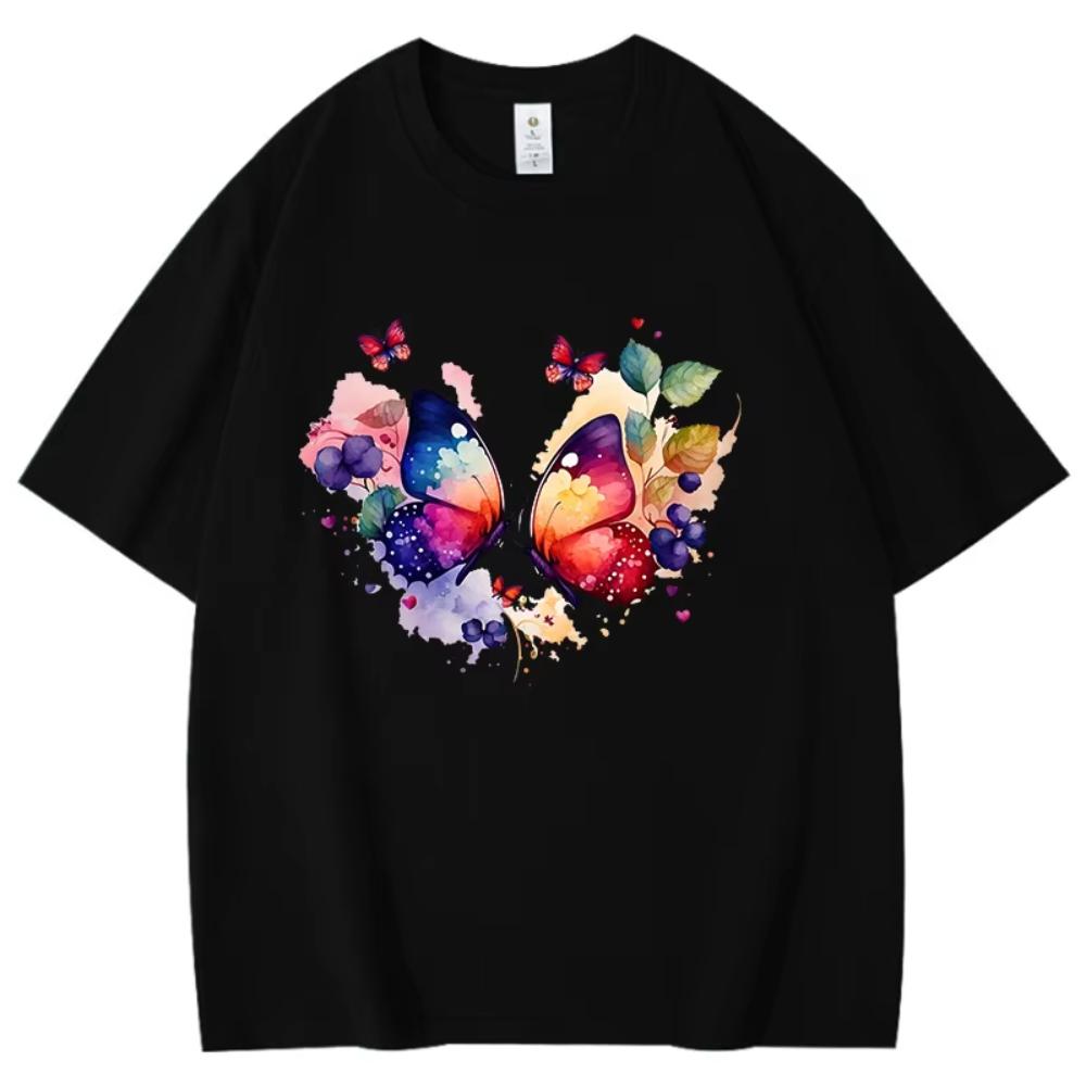Two Colorful Butterflies Pattern Men Women Cotton TShirt Simple Unisex Tee Loose Large Size Top Women Clothing