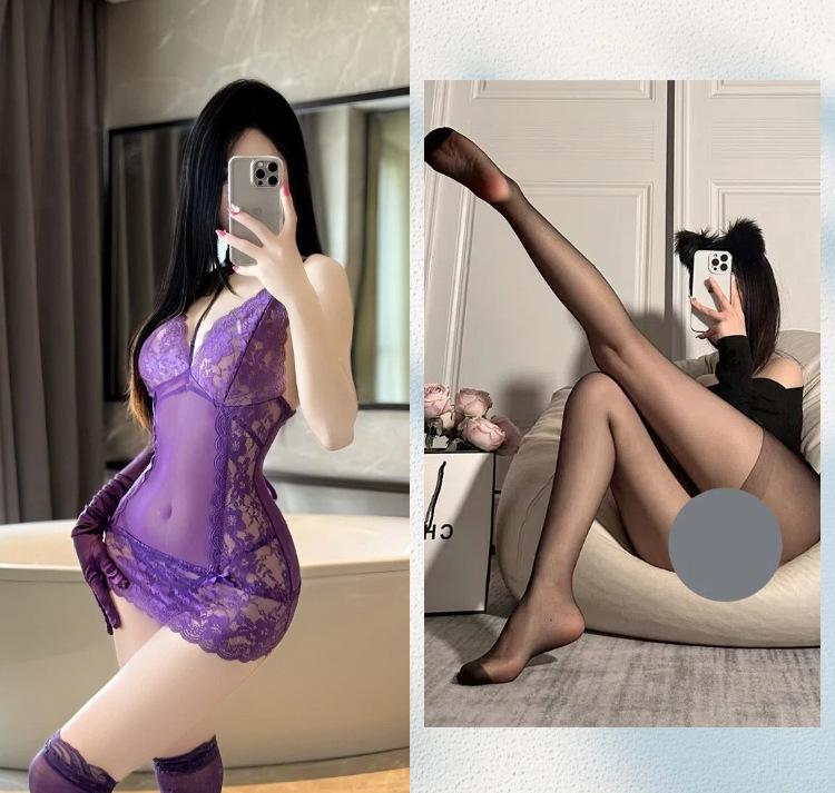 New High-end Objects Deep V Dew Ditch Lace Perspective Temptation Provocative Hip-wrapped Nightdress Sexy