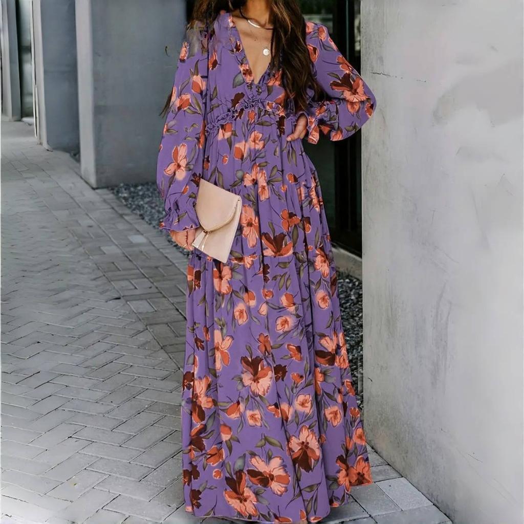 Elegant Loose Printing Long Dresses Spring Women V Neck Pullover Long Sleeves Dress High Waist Casual Ankle Length Dress