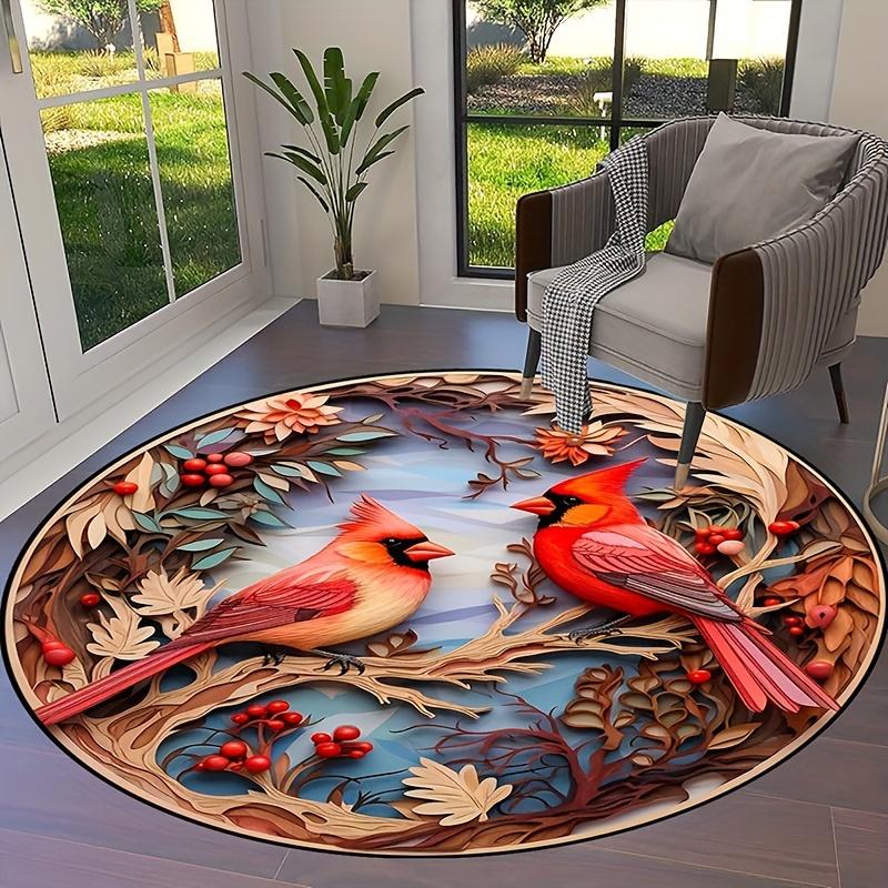 3D Art Birds Cardinal Round Rug For Home Living Room Bedroom Bathroom Kitchen Door Mat Non-slip Machine Washable Carpet