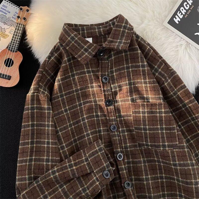 2024 Plaid Long Sleeve Shirt Japanese Hong Kong Style Ins Loose Shirt Boys Summer Trendy Versatile Casual Coat