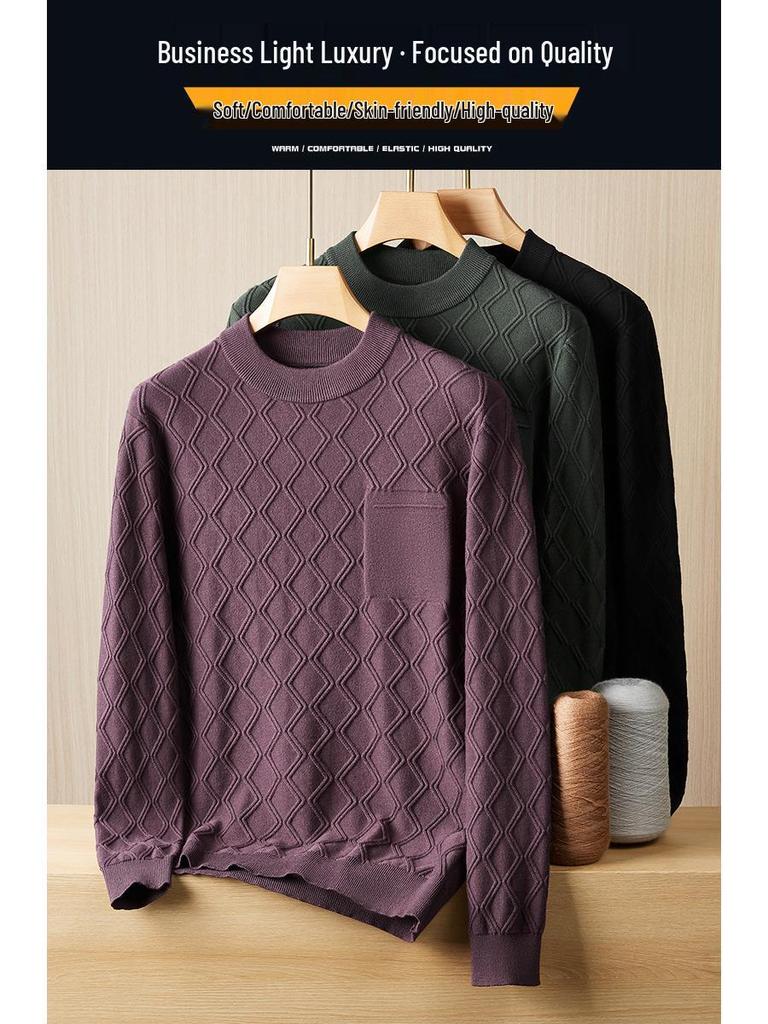 2025 Autumn Plus Size Men's Knitwear: Trendy Casual Round Neck Solid Color Long Sleeve Sweater
