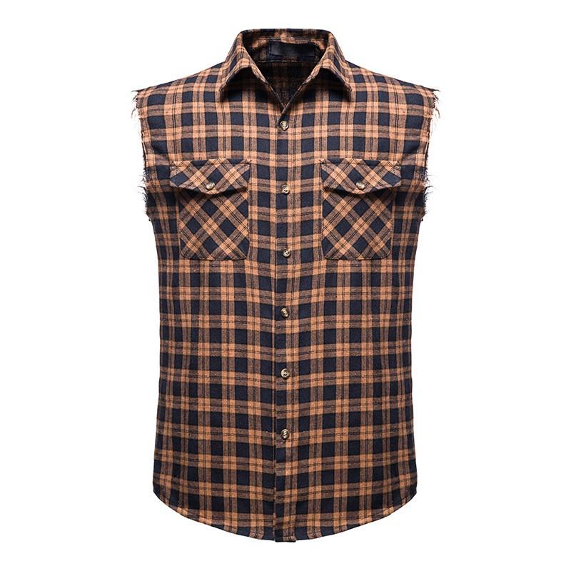 Men's Summer Casual Sleeveless Plaid Shirt Slim Lapel Multicolor Shirt