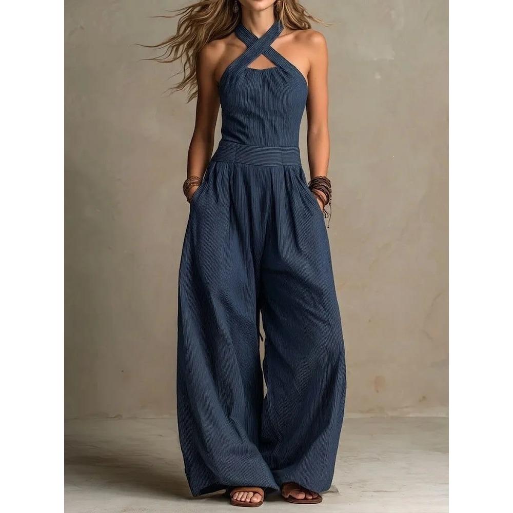Women's Halter Sleeveless High Waist Loose Wide Leg Jumpsuit Solid Striped Casual Long Pant Romper For Vacation Daily Wear
