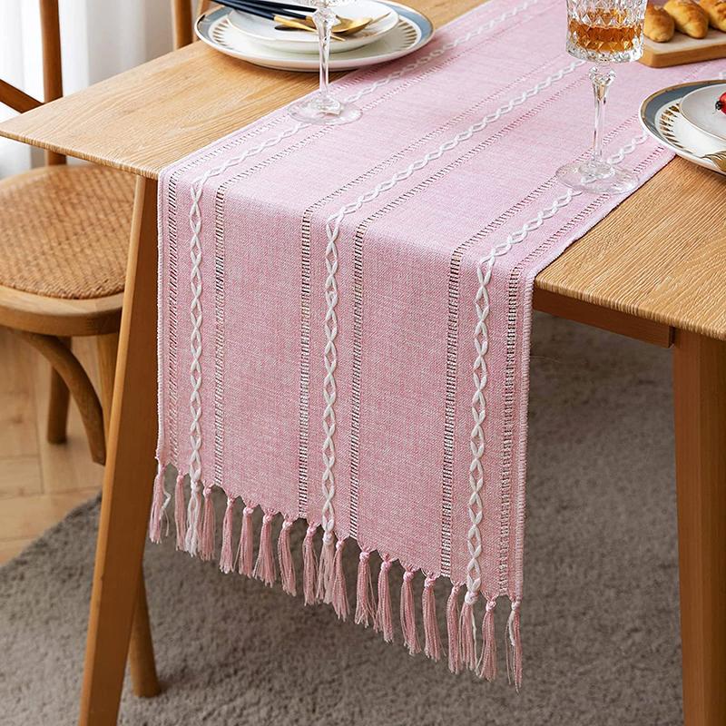 Green Table Runners Boho Rustic Tassels Farmhouse Braided Striped Cotton Linen for Dining Party Holiday Wedding Table Decoration