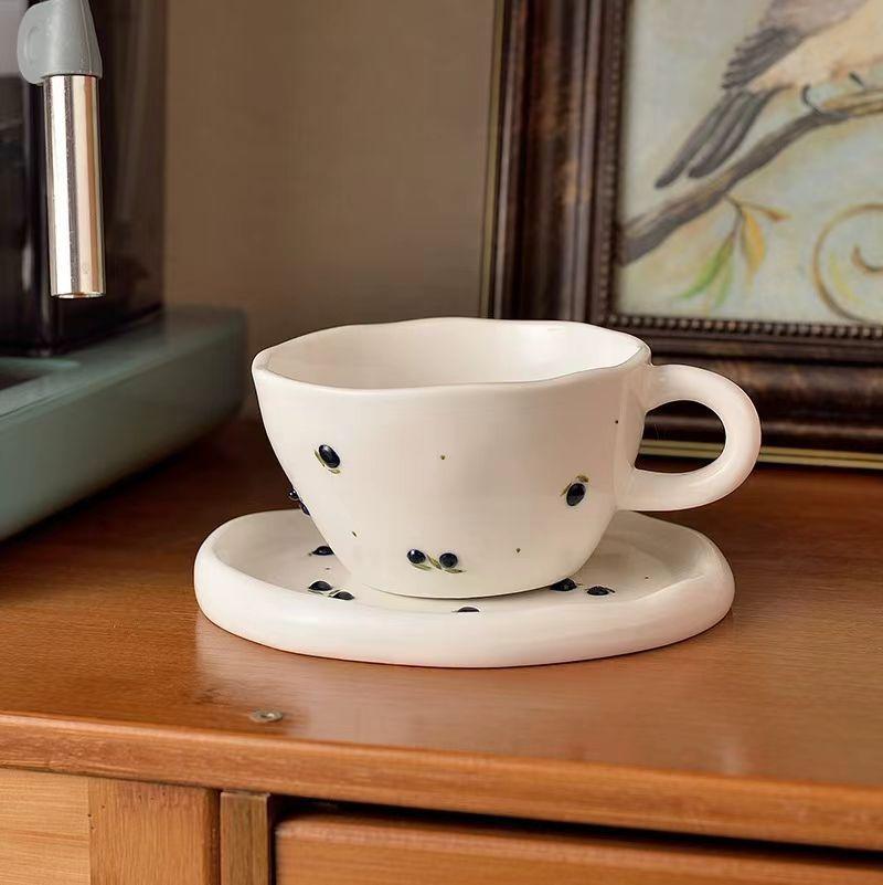 High Value Hand Pinch Ceramic Coffee Cup Cute Cherry Mug Household Water Cup Breakfast Cup One Dish Set