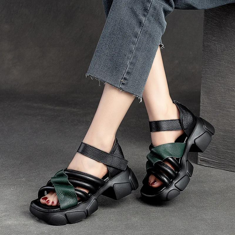 Fashion 6CM Women Sandals Hook Cow Genuine Leather Fashion Platform Sandal Luxury Females Thick-soled ROME Big Toe Summer Retro Shoes