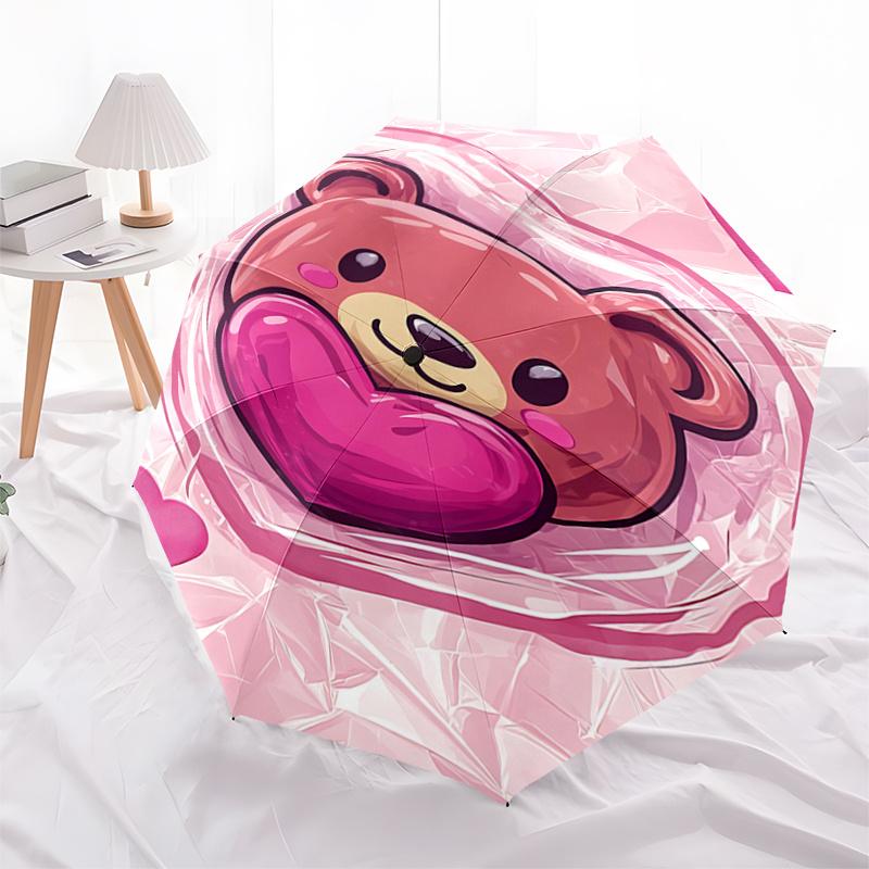Teddy Bear Heart Shaped Automatic Opening/Closing Umbrella with Foldable Design, Iron Frame for Outdoor Use, Perfect Gift for Fans, Traveler