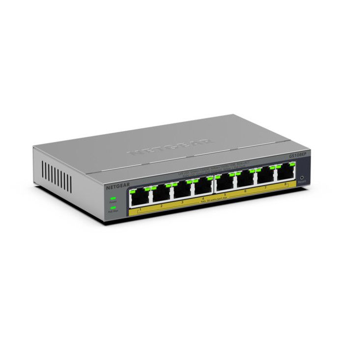 NETGEAR GS108EP-100EUS Switch di Rete 8 Porte Gigabit PoE+ 62W Easy Smart Fanless