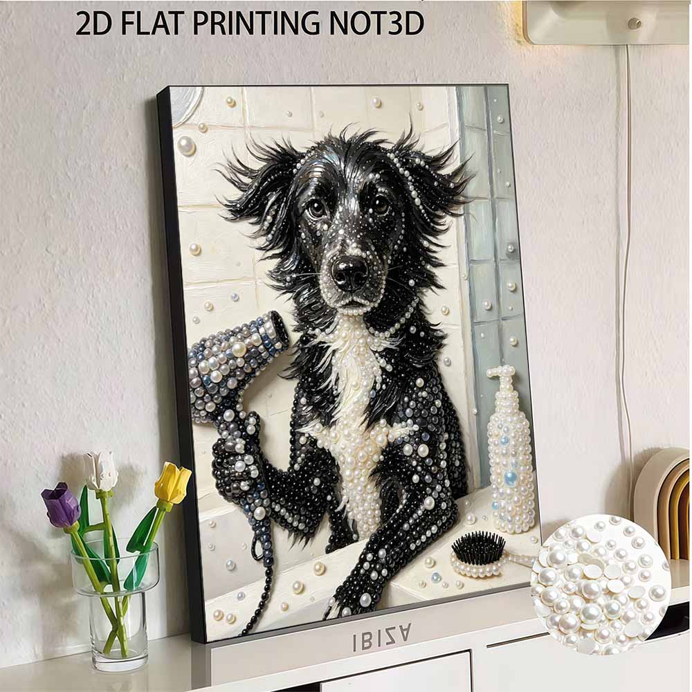 Creative DIY Framed Pearl Art Kit with Cute Dog Bathing Pattern Sparkling Bead Canvas Ready to Display Relaxing Gift for Adults Craft Decor