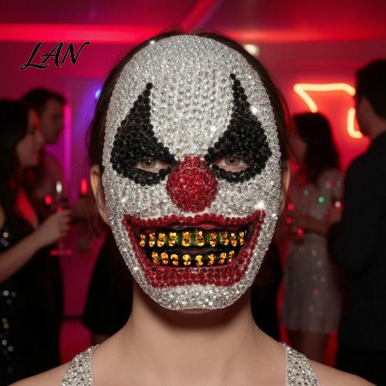 Clown Cosplay Mask Halloween Rhinestone Mask, Creepy Joker Full Face Sparkling Scary for Masquerade Costume Party