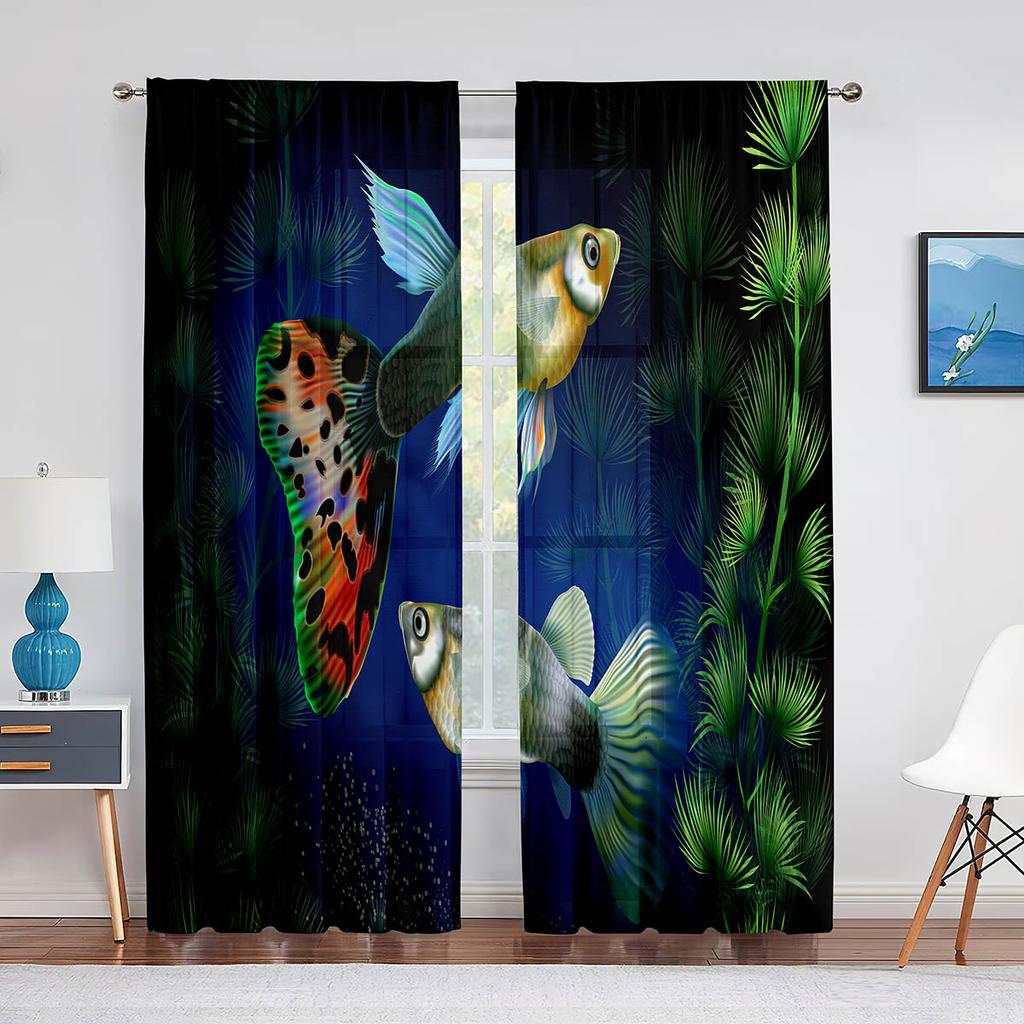 Koi Fish Ink Painting Goldfish Sheer Voile Curtains Window Treatment Chiffon Tulle Curtain for Kitchen Living Room Bedroom Drape