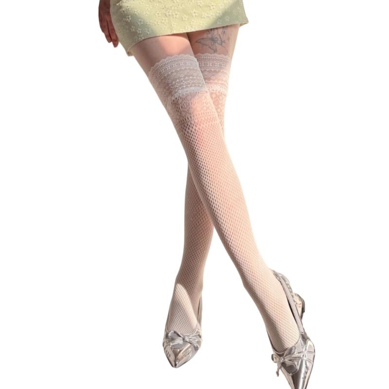 Fishnet Thigh High Stockings With Delicate Lace Edging And Comfortable Nylon Fabric Mesh Over Knee Long Socks For Women