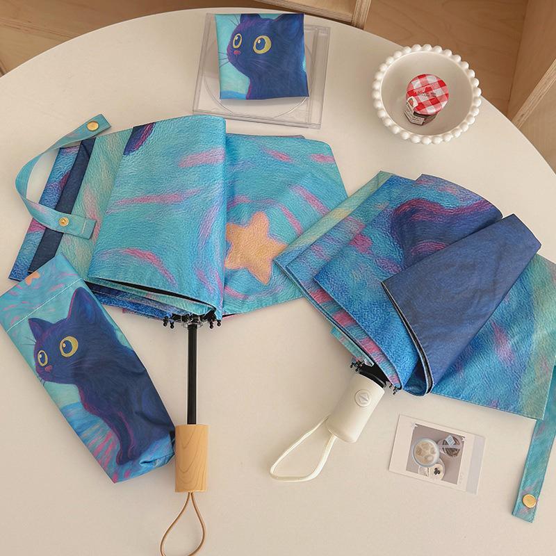 Yellow Blue Oil Painting Cat Folding Umbrella Rain Sun Dual-use Automatic Sun Umbrella Sun Protection And UV Protection Portable