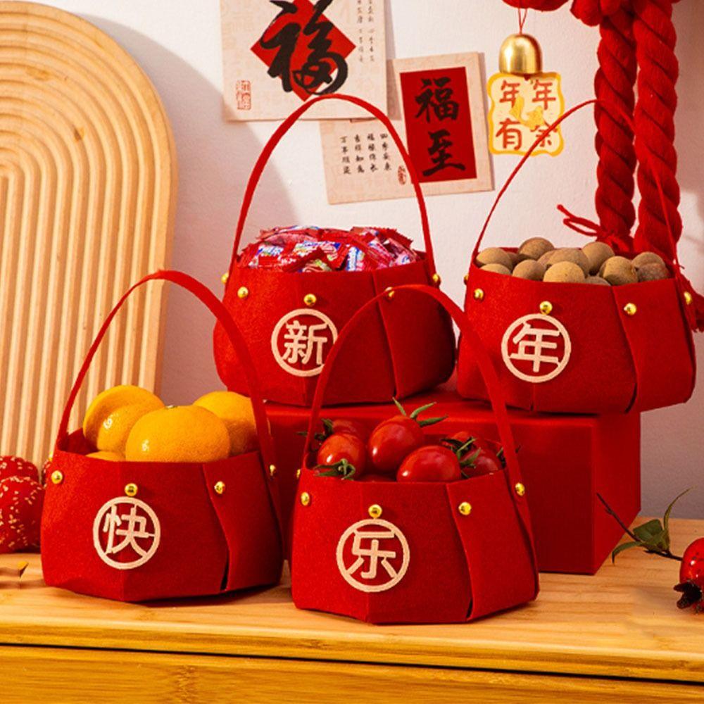 Red Candy Storage Bag Felt Gift Bags Joyful New Year Handheld  Fruit Basket  Party Decor