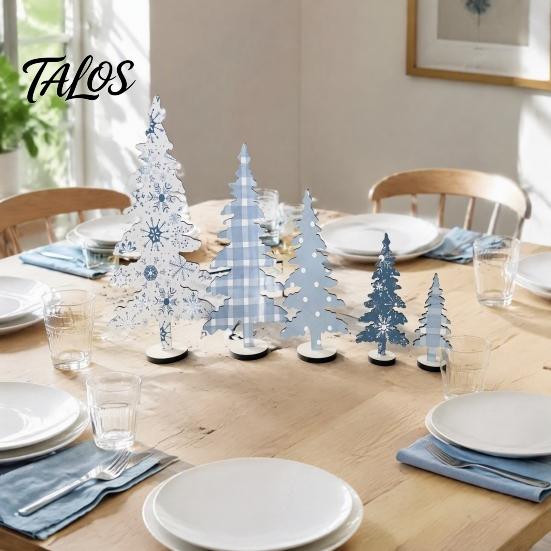 Staggered Tree Set Decorations 5Pcs Wooden Christmas Ornaments, Nordic Style Blue And White Small Village Scenes Plaid/Snowflake/Polka Dot Desktop for