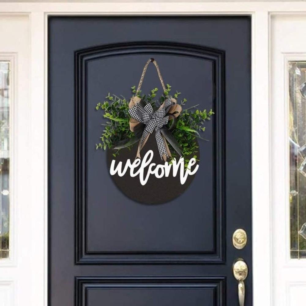 Artificial Plant Door Wreath Bowknot Wall Art Gifts Wooden Welcome Sign Porch Decor