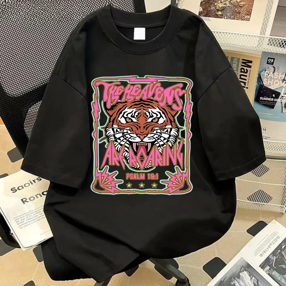 

Vintage Tiger Bible Verse T-shirt Men The Heavens Are Roaring Gothic Streetwear Oversized Cotton Tee Women Y2K Top 4XL
