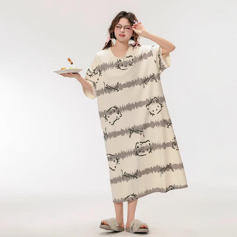 Pajamas Women's Summer Thin Pajamas Short Sleeves Large Size Fat Mm Medium and Long Pajamas Pajamas Loungewear