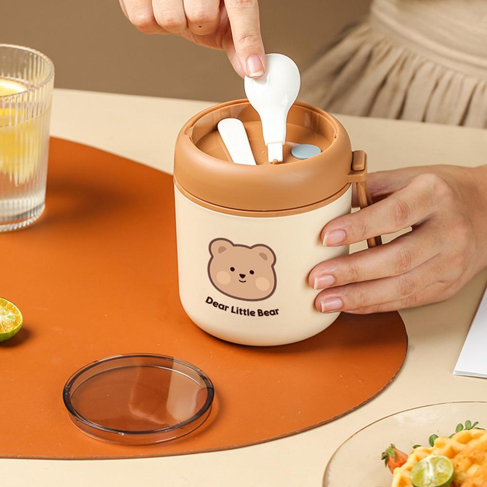 Stainless Steel Lunch Bento Box with Foldable Spoon Handle Cute Bear Thermal Cup Kitchen Tableware for Hot Or Cold Food
