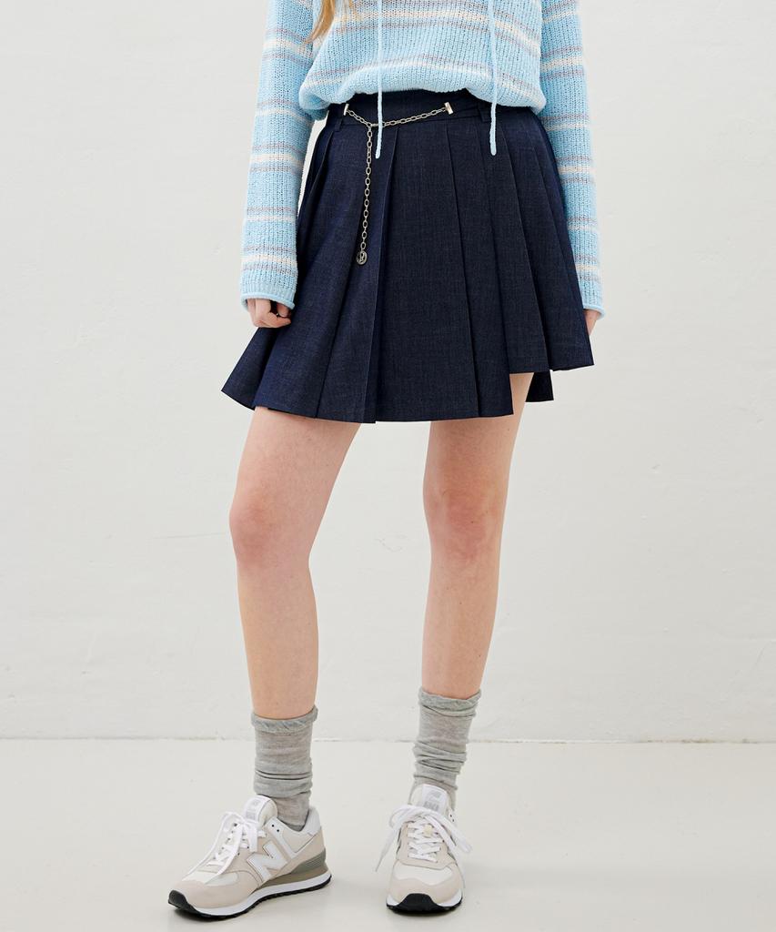 Ollibeudeollibeu Asymmetrical Denim-Like Pleated Skirt Oe6Ms3170