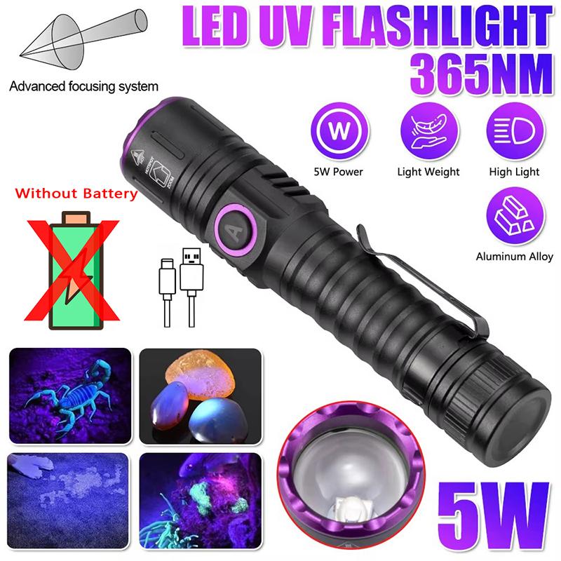 365/395nm UV Flashlight Zoom 5W Type C USB Rechargeable Black Light for Resin Curing, Pet Urine Detection, Scorpion with Battery