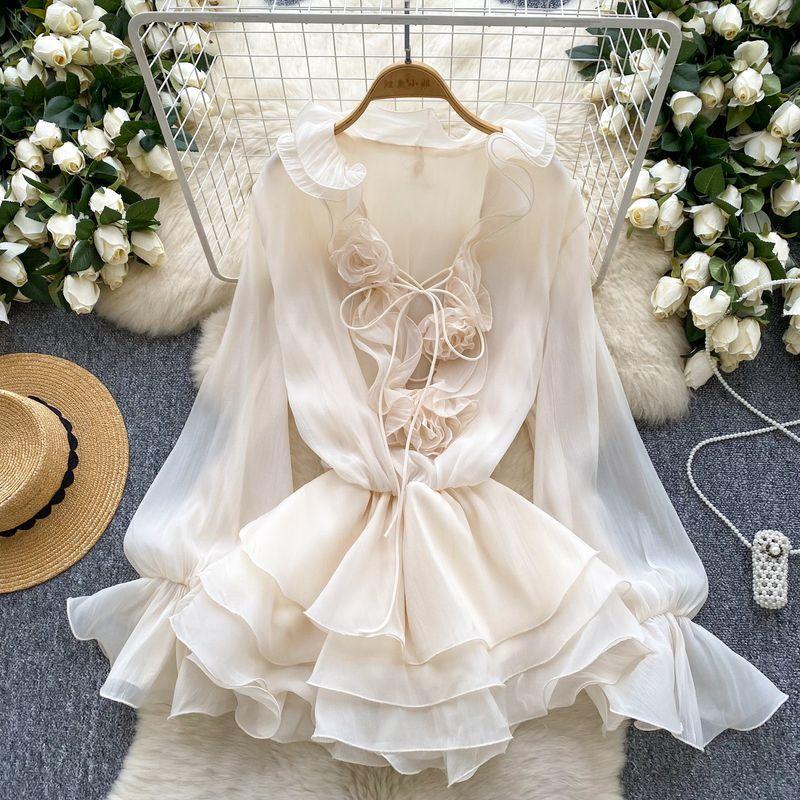 

Fairy Skirts 2025 New Atmosphere V-neck Three-Dimensional Flower Lace-up Waist Hugging Frill Chiffon Dress Women Apricot color One size