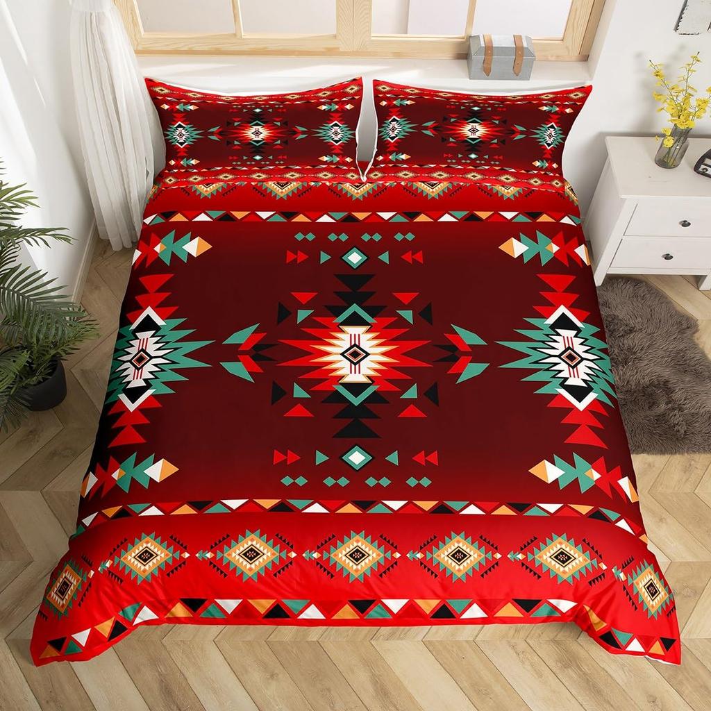 Geometric Aztec Duvet Cover Twin Queen Size,Horseshoe Cactus Western Cowboy Bedding Set,Southwest Rustic Farmhouse Quilt Cover