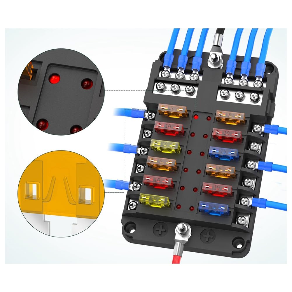 Jppium New 12-Way Automotive Fuse Box, Automotive Modification and Installation, Automotive and Marine Safe Fuse Integration Box