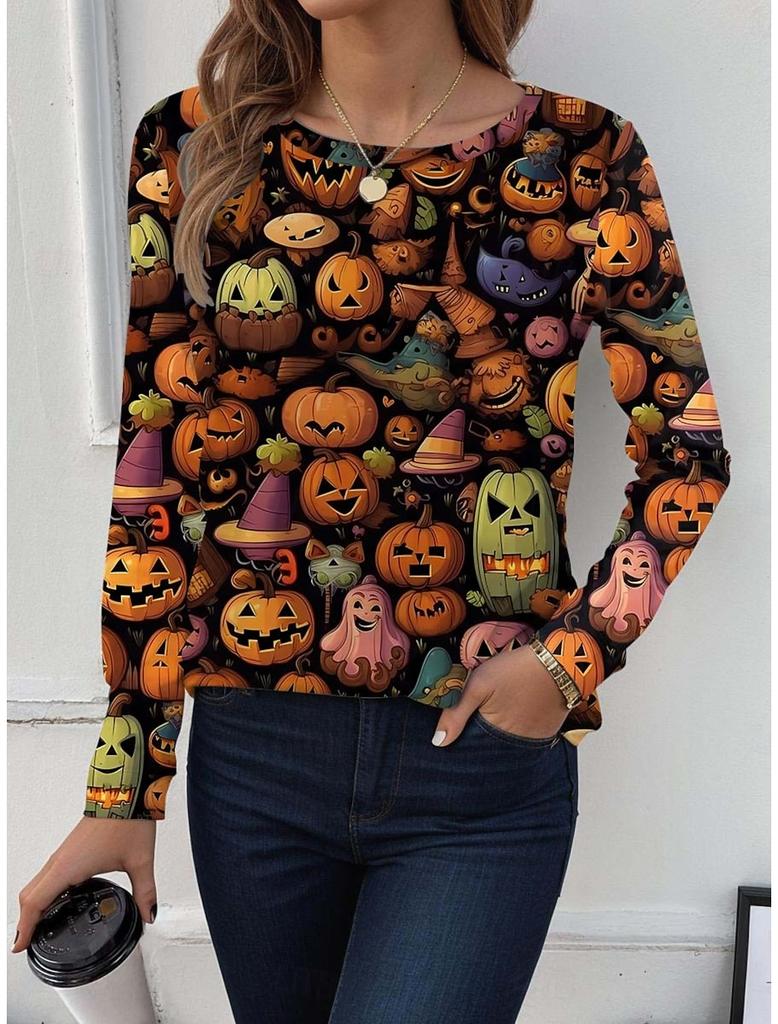 Fashion Women's T shirt Tee Ombre Print Halloween Casual Holiday Fashion Long Sleeve T-shirt O-Neck Yellow Sweatshirt Pullover