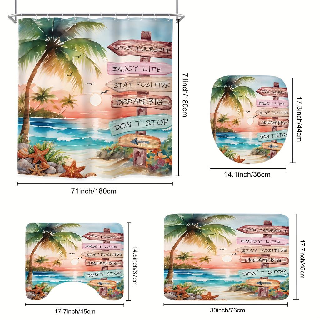 4Pcs Bathroom Shower Curtain Set Colorful Tropical Palm TreesPattern Bathroom Curtain With 12 Hooks Non Slip Rugs Toilet Cover Mat Bathroom Partition