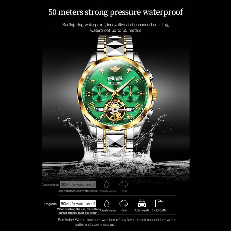 OUPINKE Nouvelle montre mécanique pour homme d'affaires et de loisirs Green Water Ghost Montre mécanique multifonctionnelle Montre d'affaires haut de gamme
