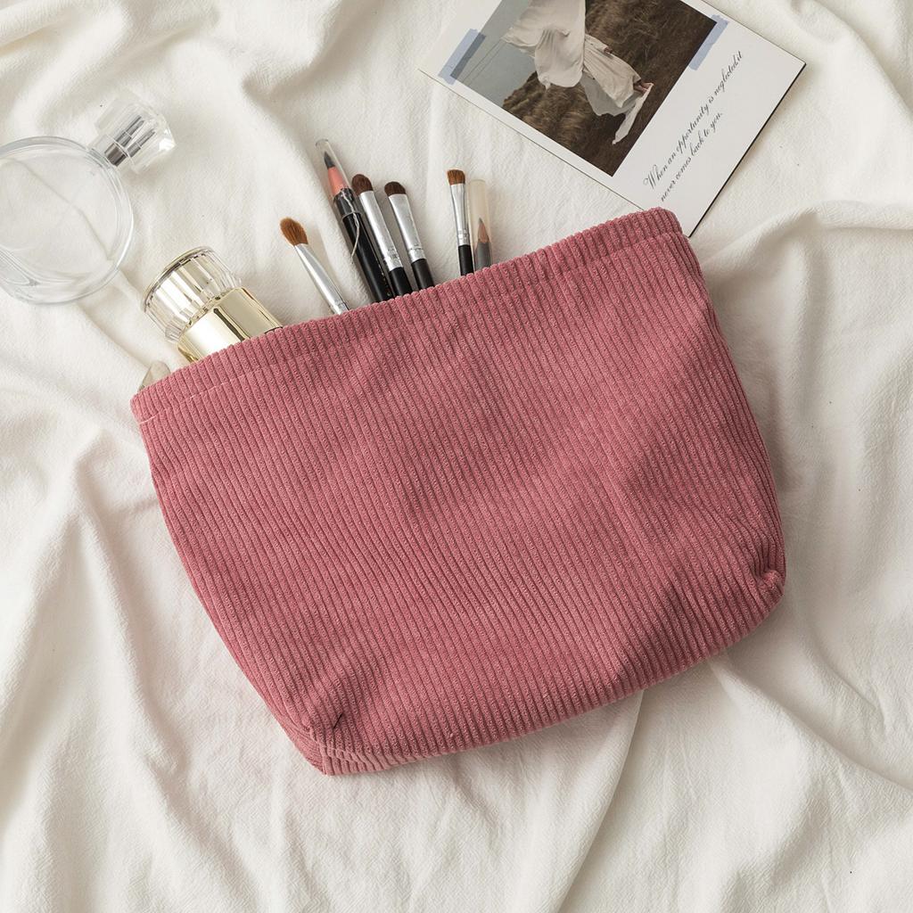 Corduroy Cosmetic Bag Women Korean Solid Color Makeup Organizer Travel Toiletry Pouch Beauty Case