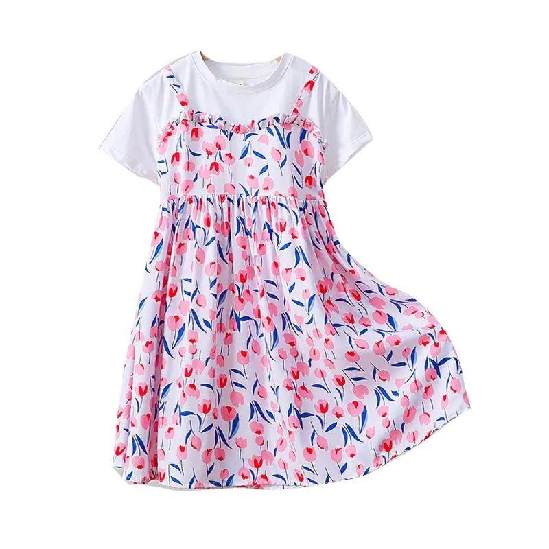Dívčí letní nové šaty s falešným dvoudílným vzhledem Letní šaty Pro dívky Chladivé dlouhé šaty