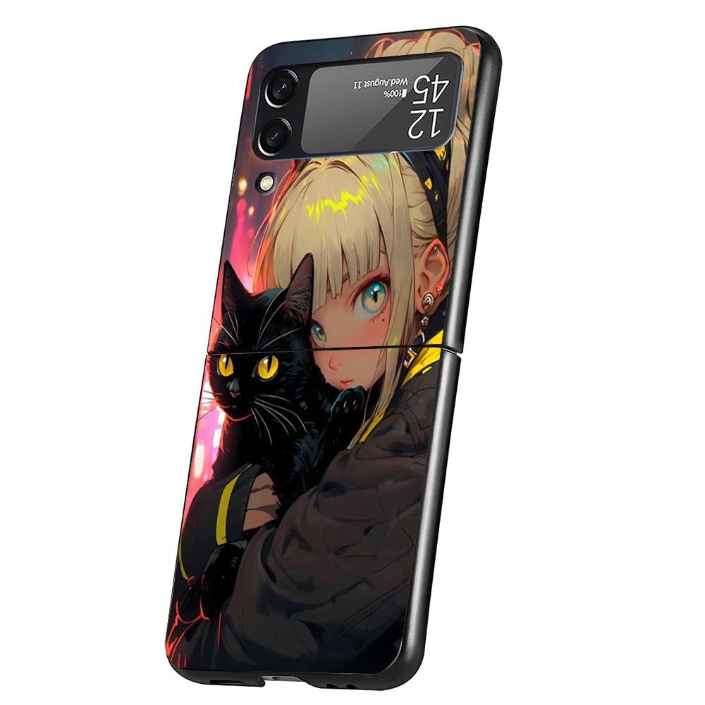Anime Girls Cute Black Cat Cover Phone Case For Samsung Galaxy Z Flip 7 6 5 4 3 5G Flip7 Flip6 Flip5 Flip4 Flip3 Black Fundas Sh