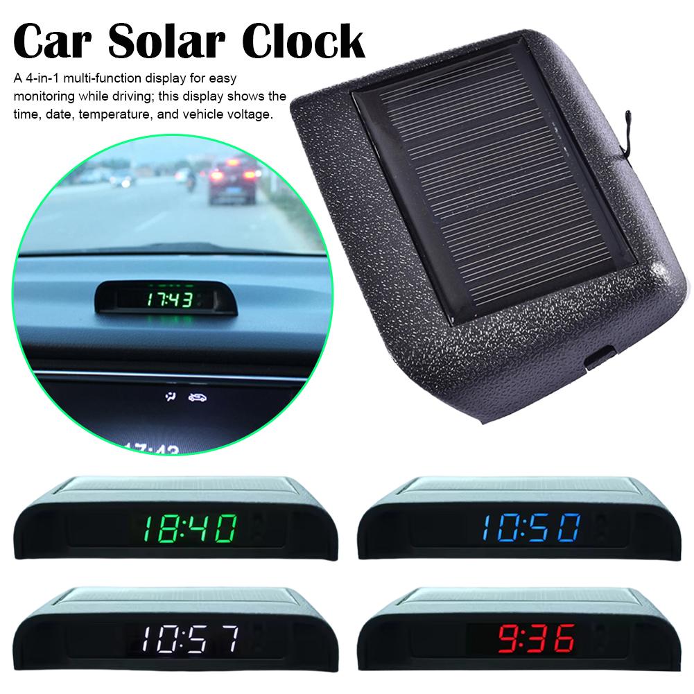 Solar Powered Car Digital Clock, LED LCD Display with Time Date Thermometer, Auto Dashboard Decor