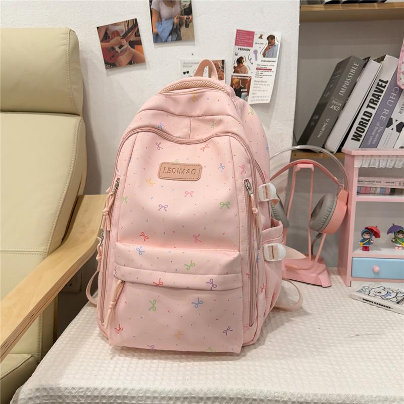 Rucsac din Nylon cu Imprimeu Fundițe Drăguțe pentru Fete Geantă Școlară cu Capacitate Mare Rucsac Student cu Buzunare Multiple