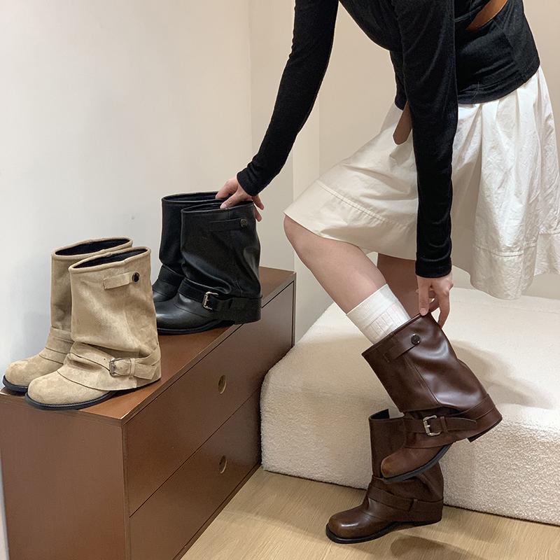 Autumn Vintage Pleated Women Western Ankle Boots Fashion Belt Buckle Thick Heel Shoes Ladies Elegant Party Dress Short Booties