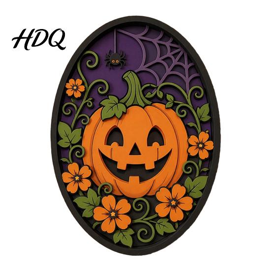 Halloween Wall Decor Oval Sign Layered Wooden Cute Ghost Bat Spooky Home Decorations Pumpkin Witch Designs Festive Art Decoration for Interior Retro