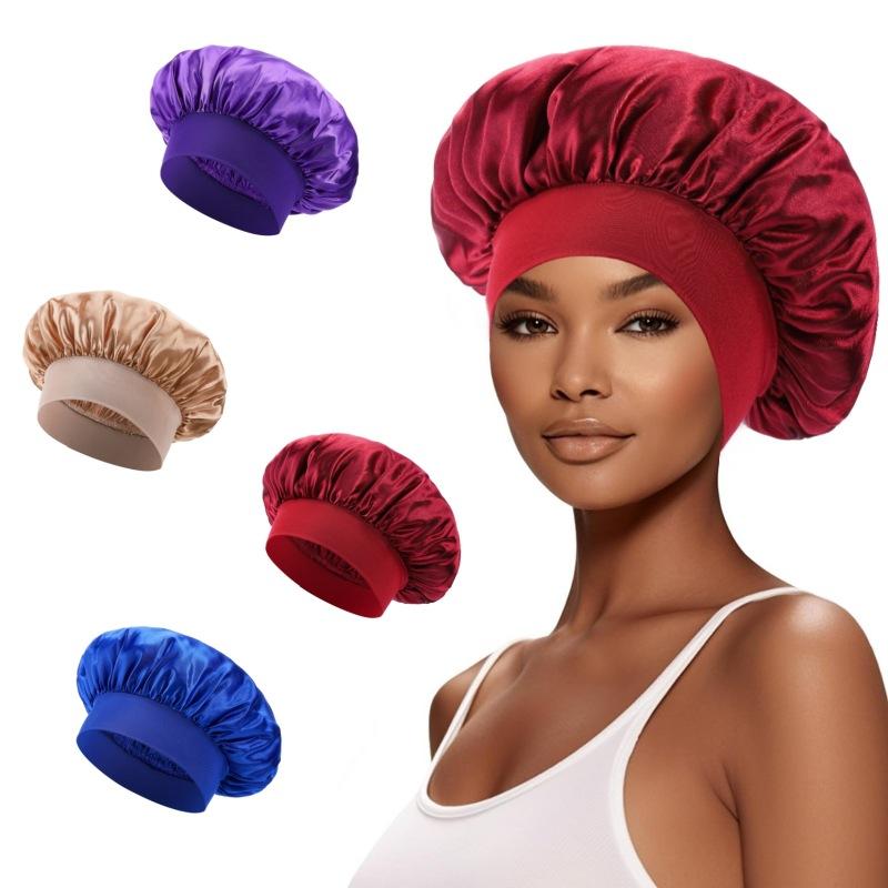 Nightcap High Elastic Headscarf Shower Cap Solid Color Hair Care Hat Satin Satin Big Brim