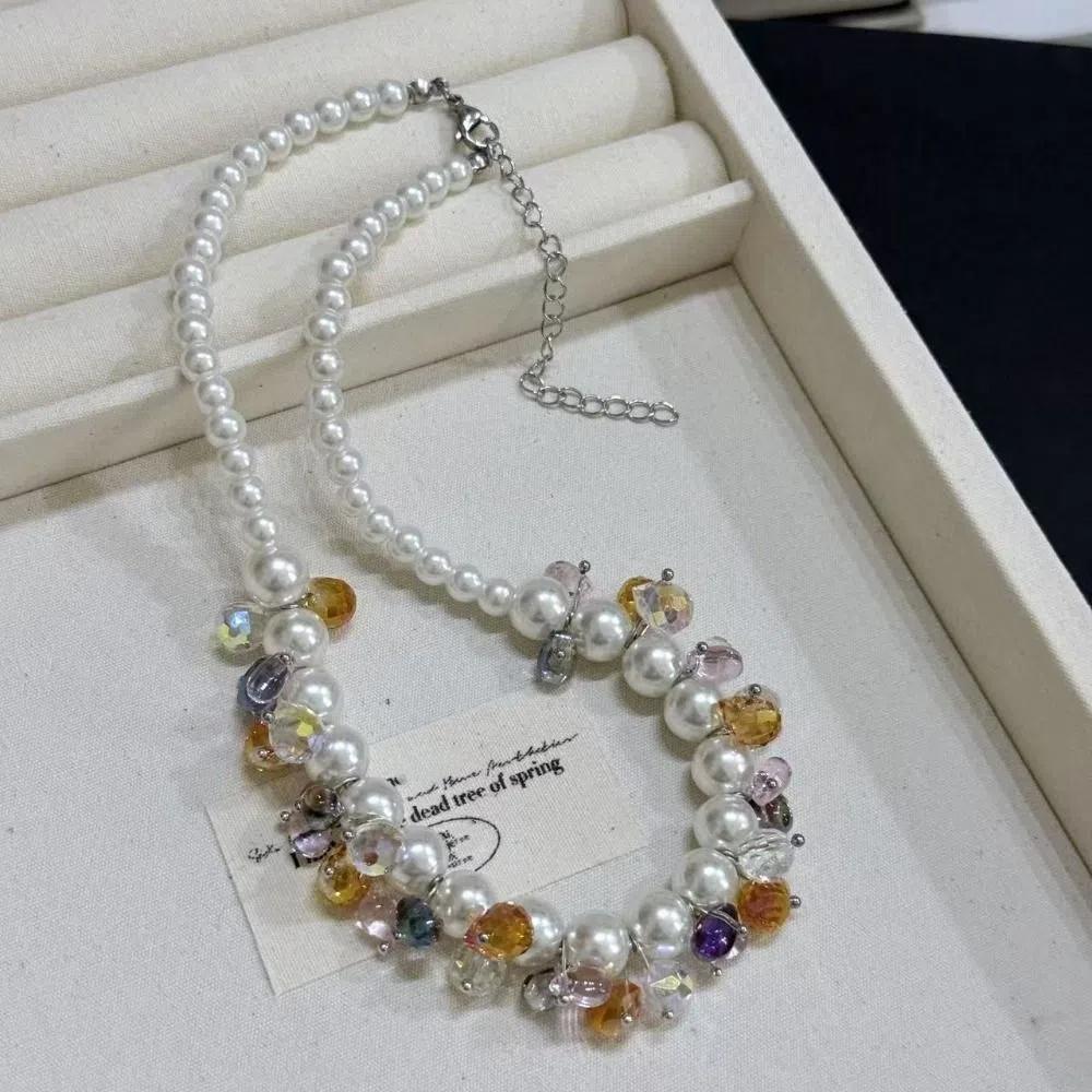 Sweet Pearl Beaded Necklace Dopamine Style Pearl Choker Jewelry Colored Zircon Necklace  Women