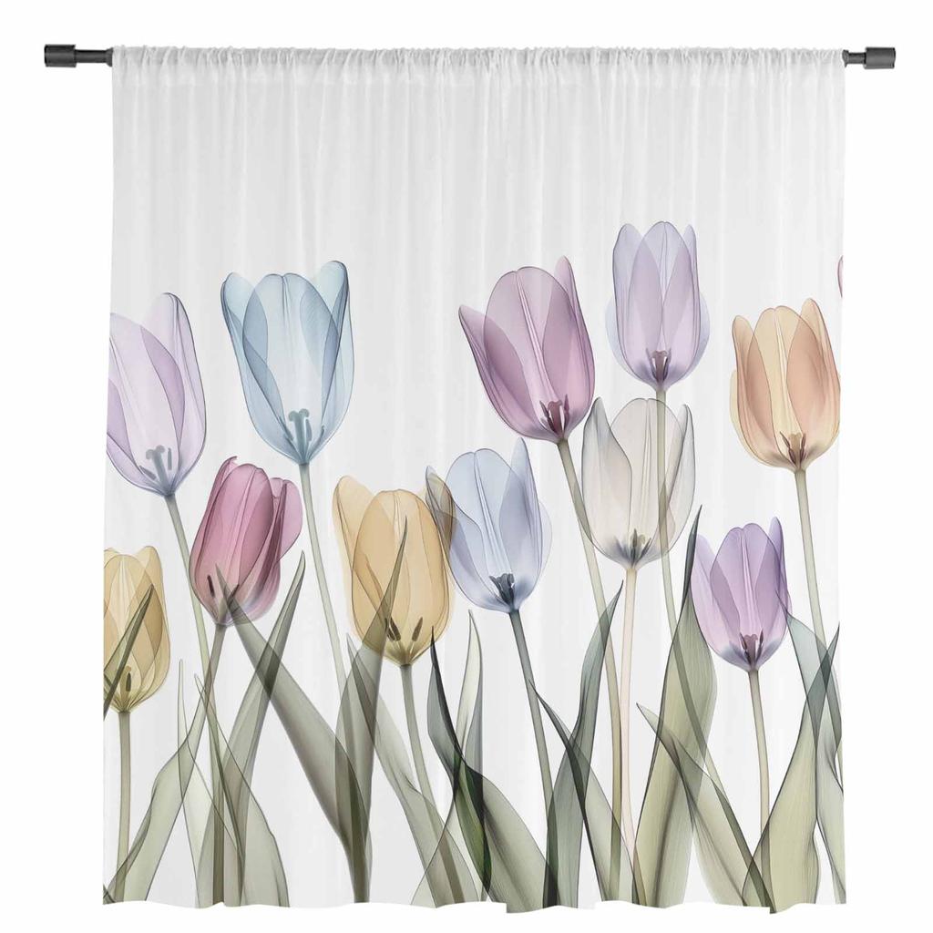 Tulpenblume Aquarellstil Transparente Vorhänge zur Wohnzimmerdekoration Fenstergardinen für die Küche Tüll Voile Organza Vorhänge