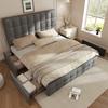 (=622122AAG) Upholstered Bed with 4 Drawers, Slatted Frame, Height-Adjustable Headboard & Square Stitching, Metal Slat, Linen (140*200cm, Grey)