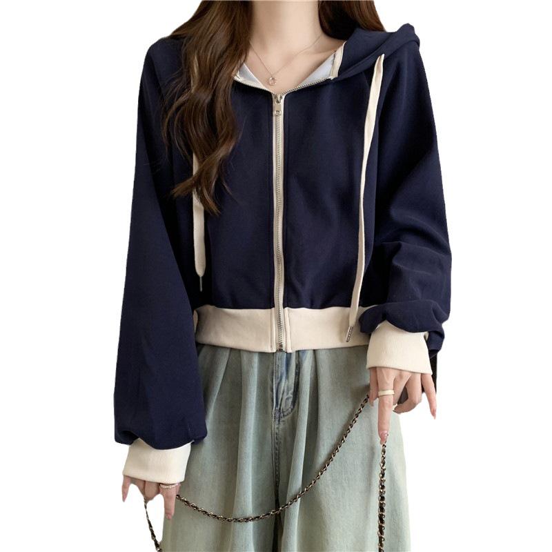Korean Color Block Women's Hoodie Jacket - Autumn 2023, Short Drawstring, Zipper, Long Sleeve